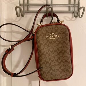 Coach Tan and Red Signature Crossbody Bag